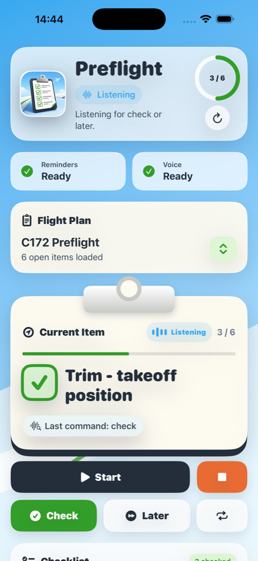 Preflight Checklist running a spoken C172 preflight checklist with dummy content.